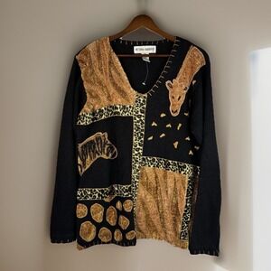 Vtg Sweater Oversize S Black Animal Print Faux Fur Cotton/Ramie Zebra Giraffe